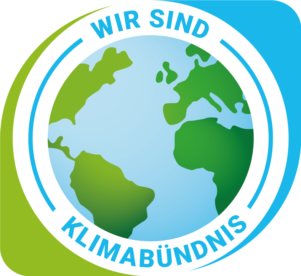 Klimabündnis Mitglieder Signet: Weltkugel mir "Wir sind Klimabündnis" Schriftzug und grün, blauer Umrandung