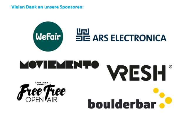 Logos der Sponsoren vom Jugendklicmagipfel 2026 in Linz (Vresh, Free Tree Open Air, ARS Electronica, Moviemento, boulderbar, WeFair)