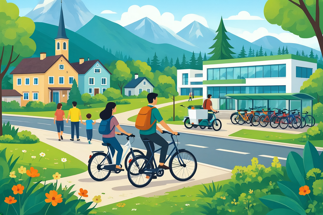 Menschen fahren Fahrrad und gehen zu Fuß in einer grünen, ruhigen Wohngegend mit Bergen im Hintergrund.